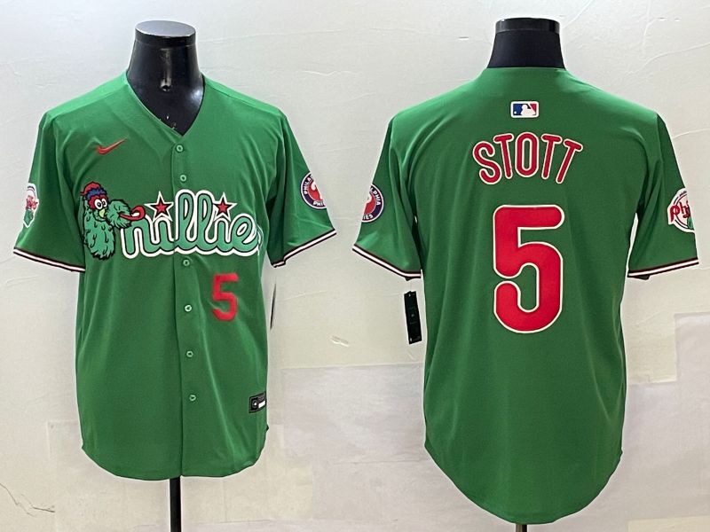 Men Philadelphia Phillies #5 Stott Green Three generations Joint Name Game 2025 Nike MLB Jersey style 5